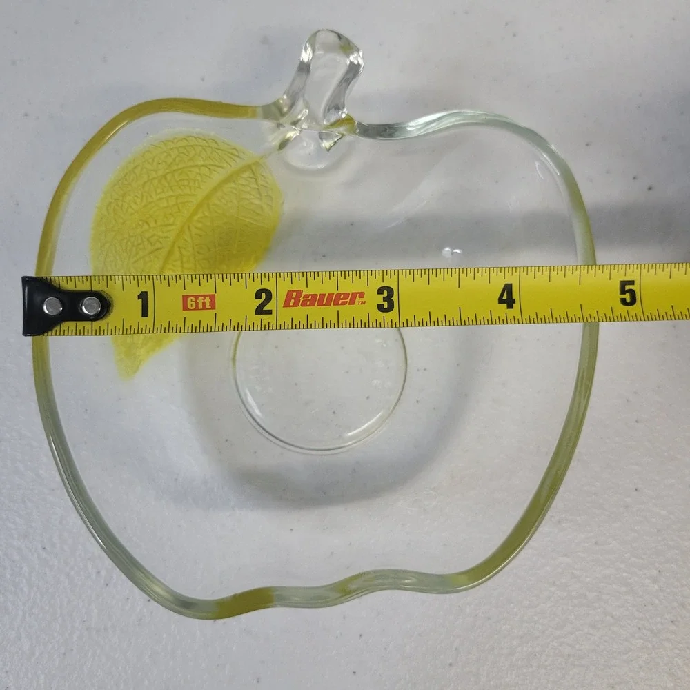 Vintage Apple Shaped Clear Glass Small Bowl Yellow Leaf‎ Detail Trinket Dish